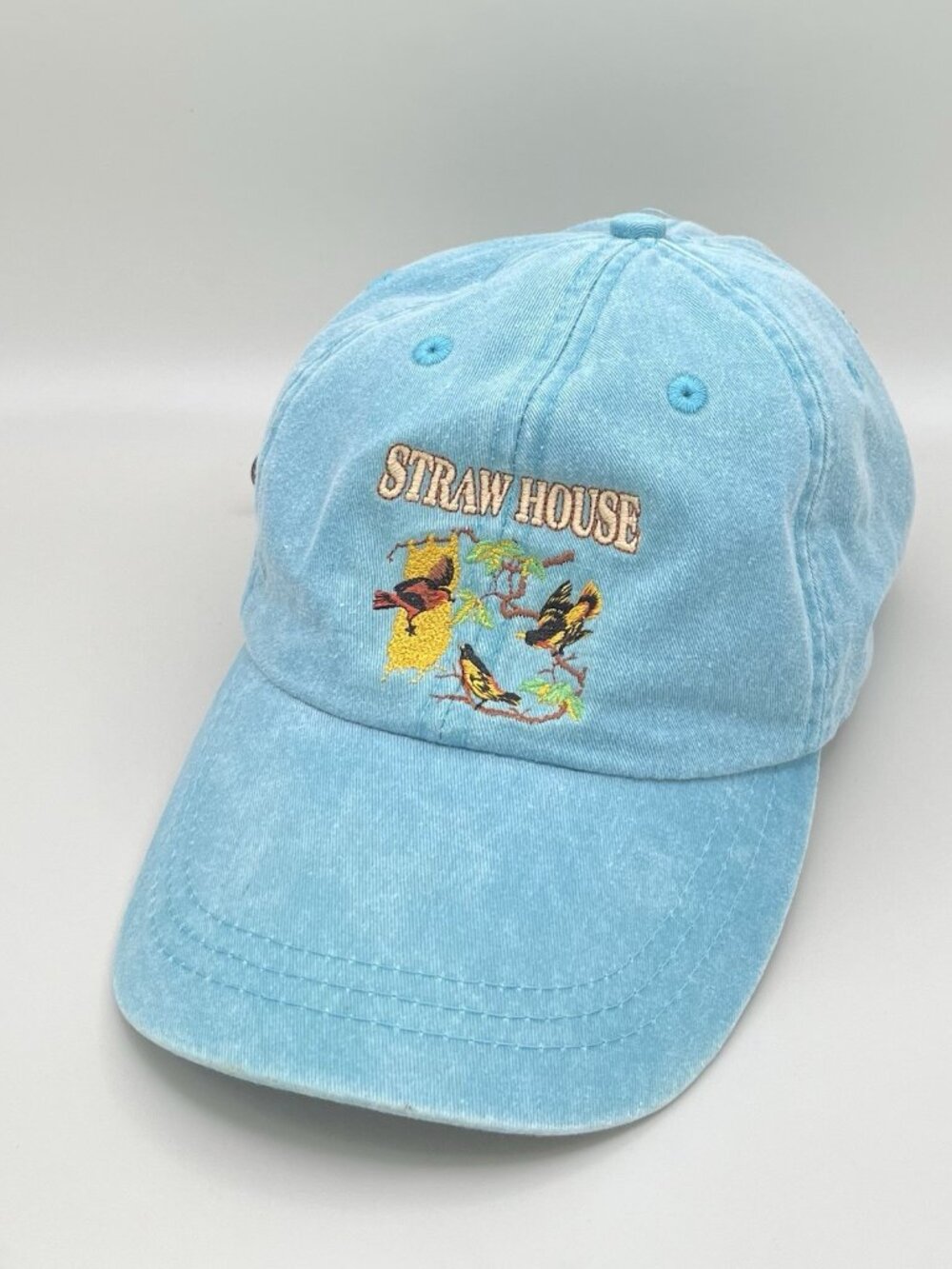 Adams Straw House Embroidered Bird Hat Blue Nature Outdoor Grandpa Woodland VTG